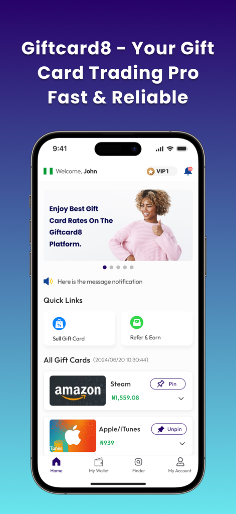 GiftCard8:Redeem Gift Cards - GiftCard8 mobile app home screen showing options to sell gift cards and check current exchange rates for Naira