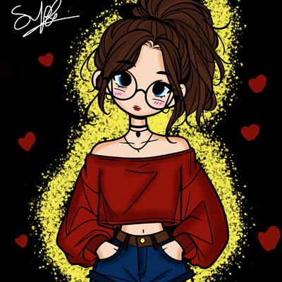girl with a messy ponytail glasses a baggy crop top and jean shorts