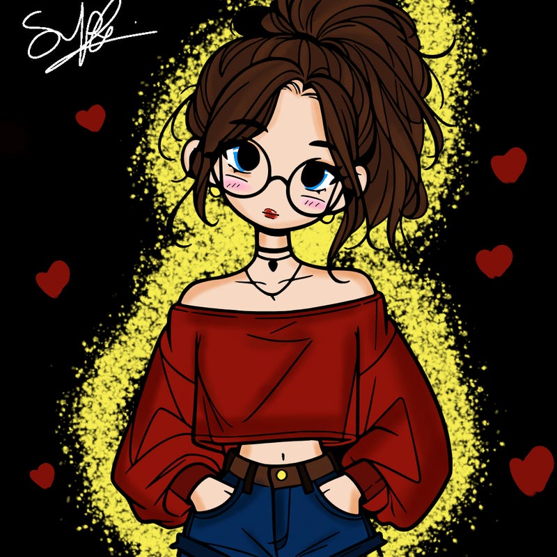 girl with a messy ponytail glasses a baggy crop top and jean shorts