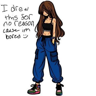 girl in baggy pants crop top and long hair