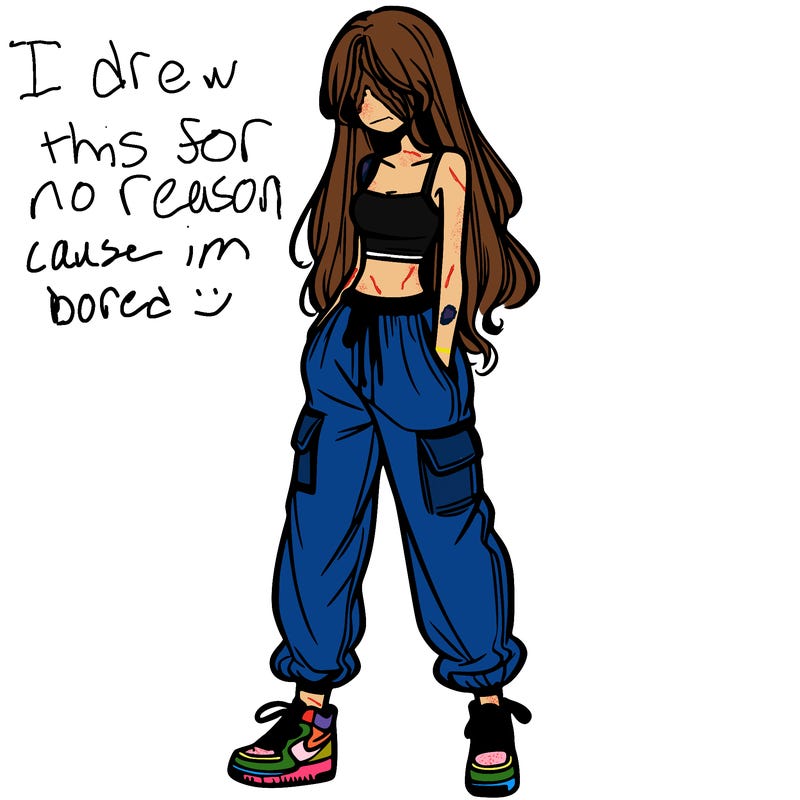 girl in baggy pants crop top and long hair