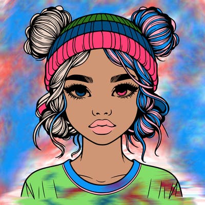 realistic girl with buns in her hair with a beanie on