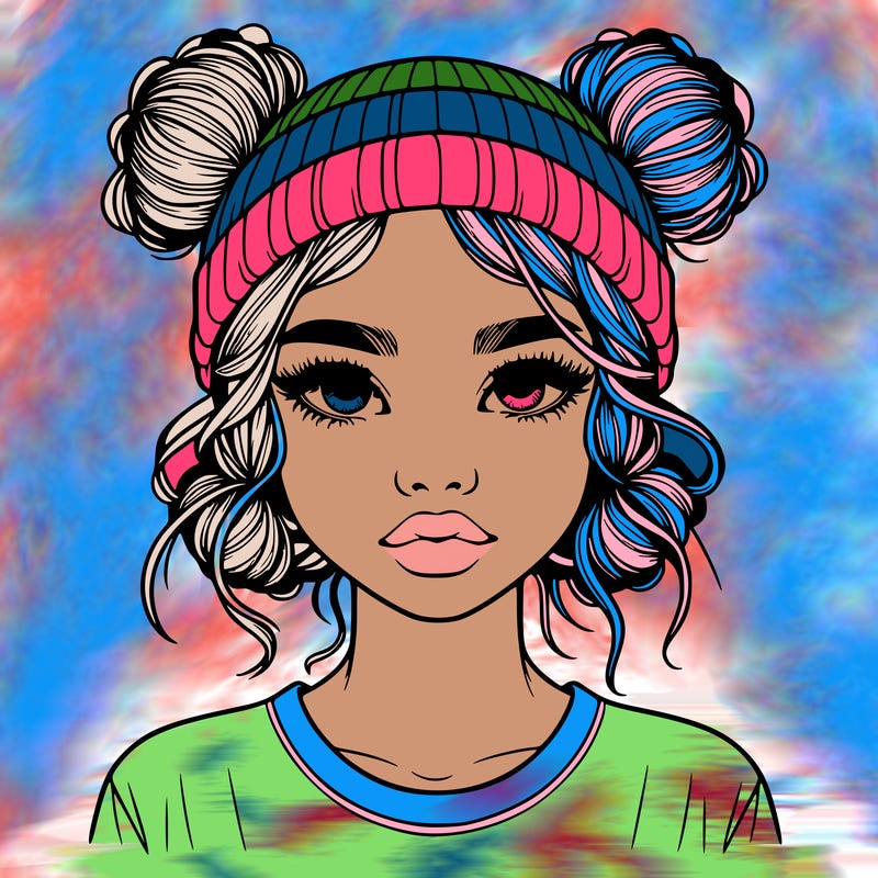 realistic girl with buns in her hair with a beanie on
