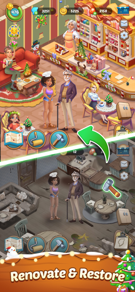 A before and after comparison of a room renovation in Seaside Escape