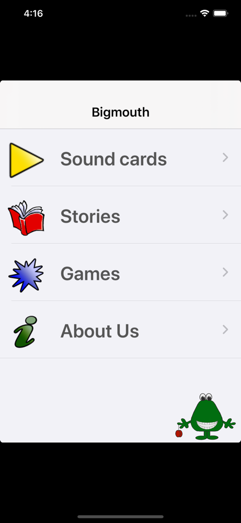 Bigmouth Sounds - Main menu screen of the Bigmouth Sounds app showing navigation options for sound cards stories and games