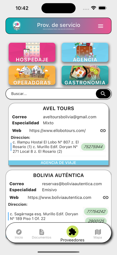 Travel La Paz - Travel La Paz 앱의 서비스 제공업체 디렉토리, 공식 여행사 및 연락처 세부 정보 목록 표시