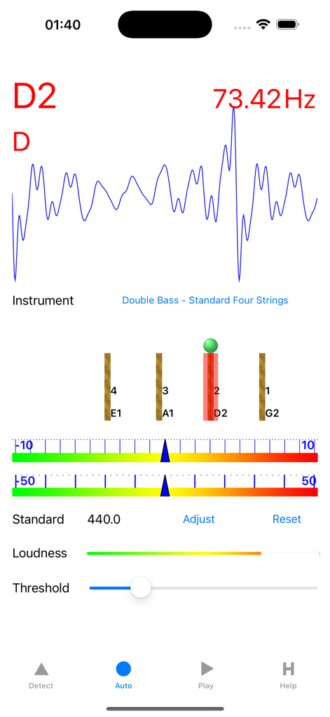 Interface of Double Bass Tuner app showing frequency waveform and note detection for a four string double bass