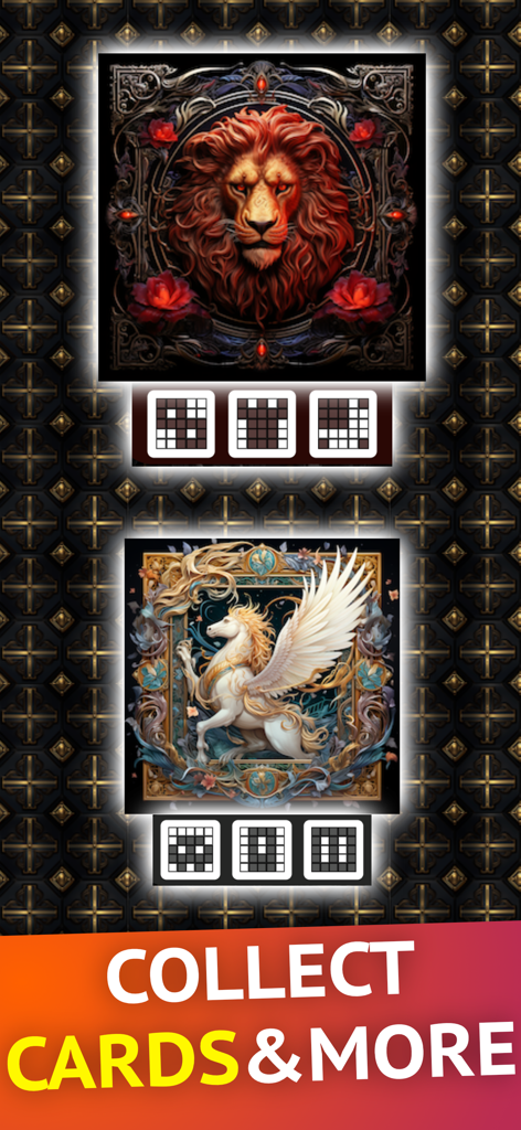 Due ornate cartelle bingo da collezione raffiguranti un leone e un pegaso con motivi decorativi