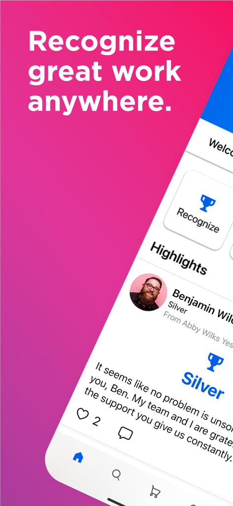 Culture Cloud mobile app interface featuring an employee recognition post and Silver award icon