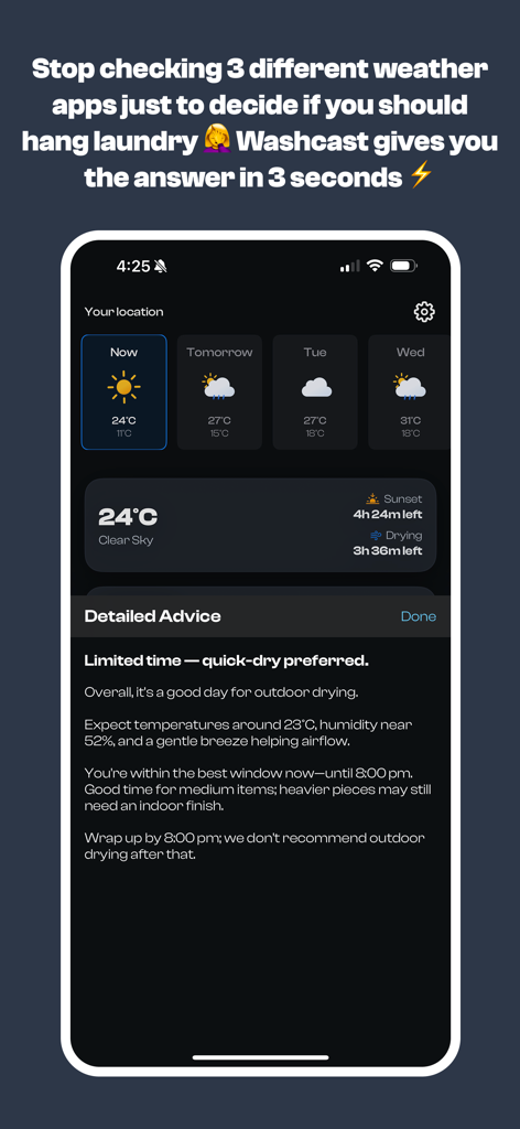 Washcast - iPhone screenshot of the Washcast app showing detailed weather advice for outdoor laundry drying