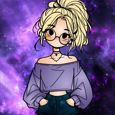 girl with a messy ponytail glasses a baggy crop top and jean shorts