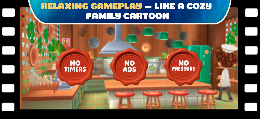 Burger Maker: Kitchen Game FF3 - Relaxing kitchen game interface with no timers and no ads labels in a cozy cartoon style