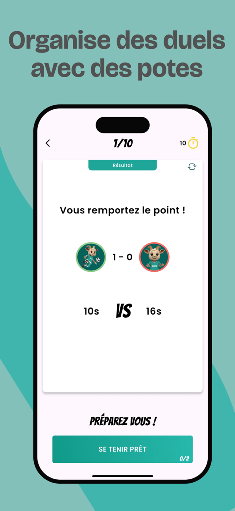 Quiz Football Club (Quiz FC) - Multiplayer duel result screen in Quiz Football Club app showing a one-zero score and response time comparison between two players.