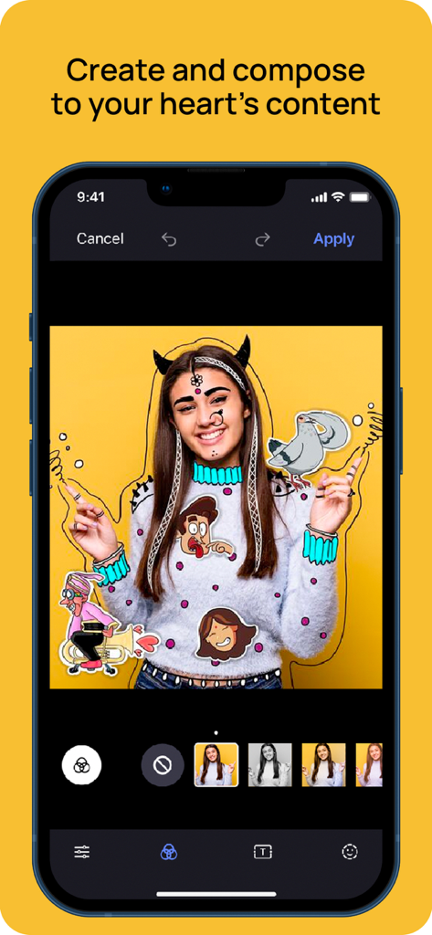 ShareChat app photo editing interface showing a user adding desi themed stickers and filters to a portrait