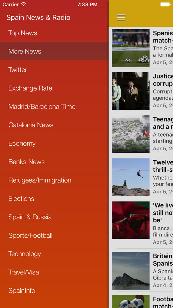 Side navigation menu of the Spain News and Radio app showing news categories