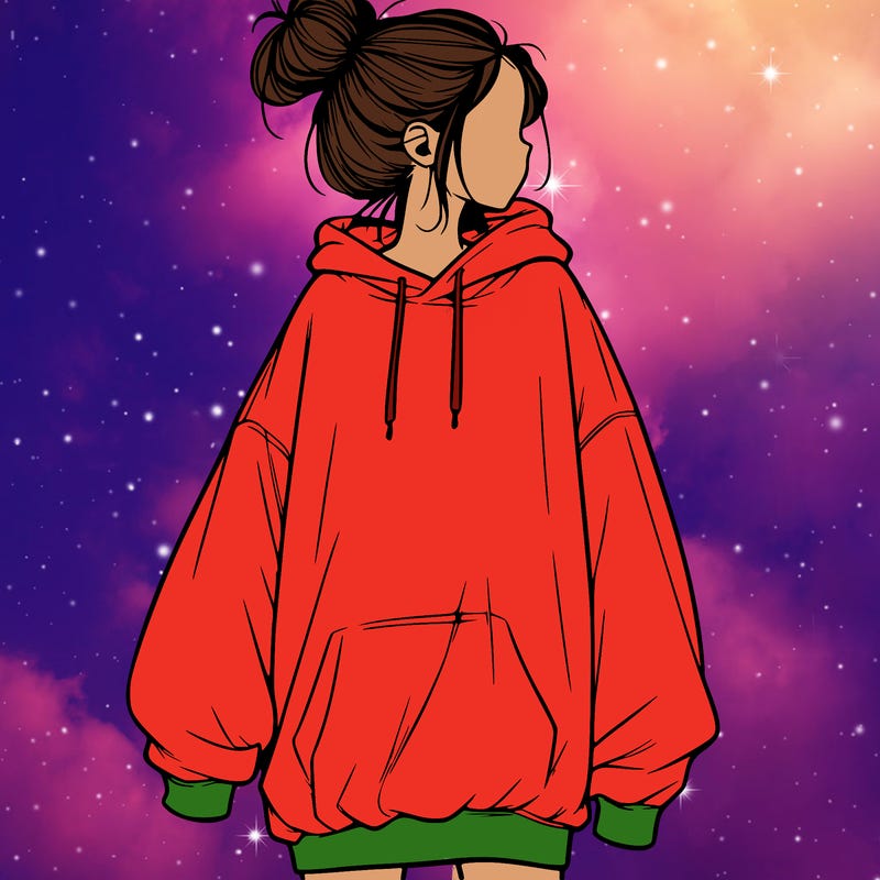 realistic girl with a oversized sweatshirt on and a bun