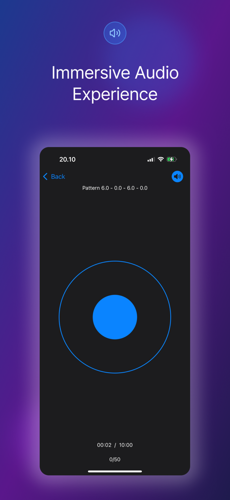 Smartphone screen showing the immersive audio feature of the breathing meditation app with a guiding circle