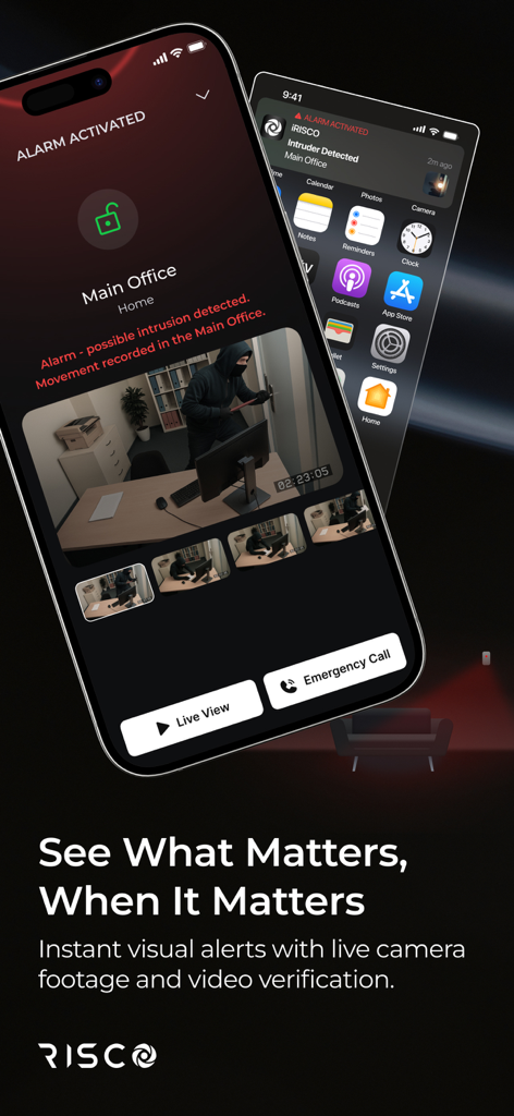 Interfaz de la app iRISCO mostrando una alerta de intruso detectado con video en vivo y opciones de llamada de emergencia