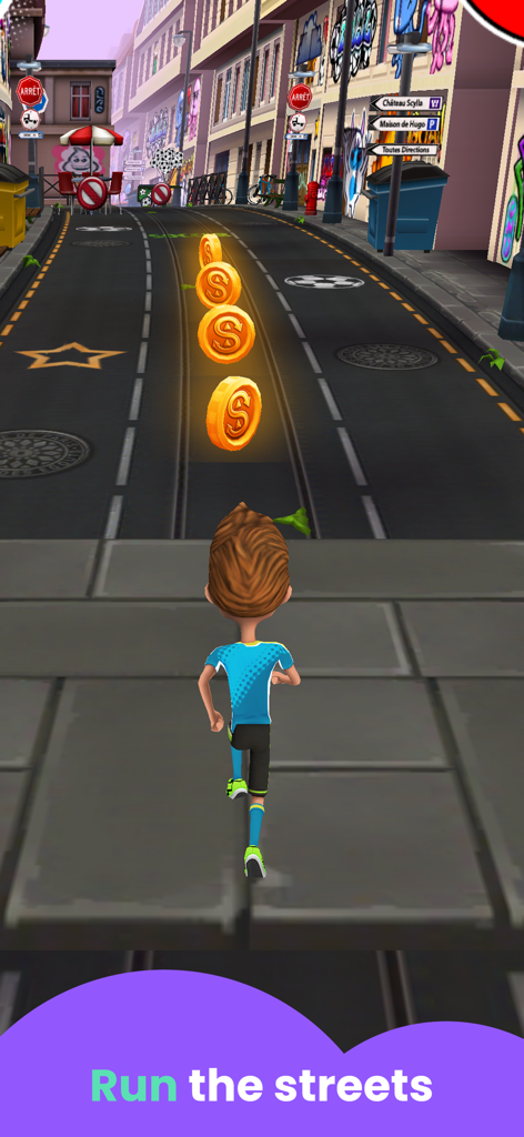 Soccer Games for Kids! - Un personaje joven corriendo por una calle urbana para recoger monedas en el juego de fútbol callejero de SKIDOS.