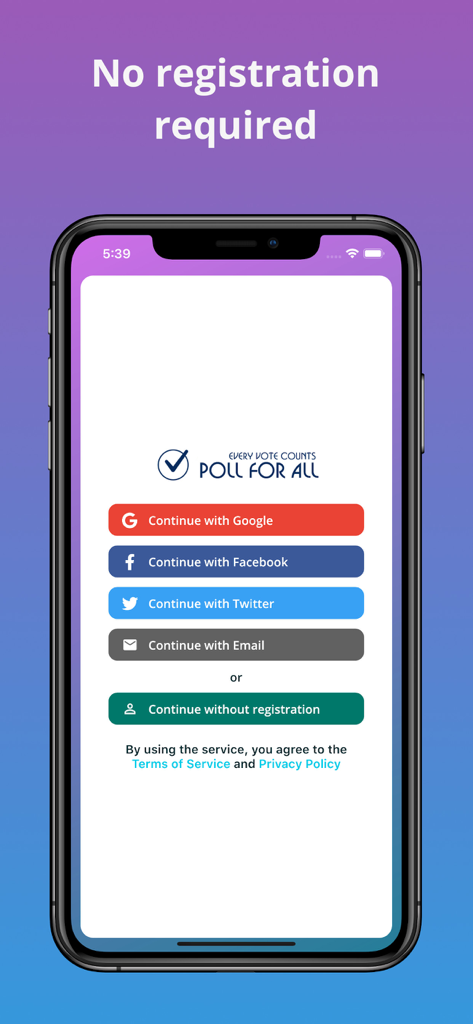 Poll For All app login screen showing options to continue with social accounts or without registration