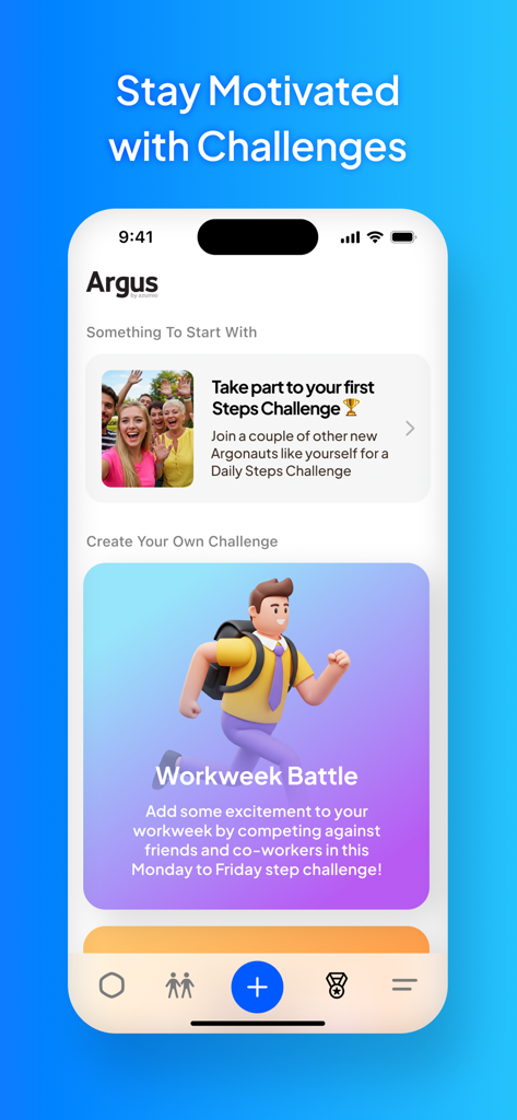 Interfaz de la aplicación Argus que muestra los pasos diarios y los desafíos de fitness de la batalla de la semana laboral