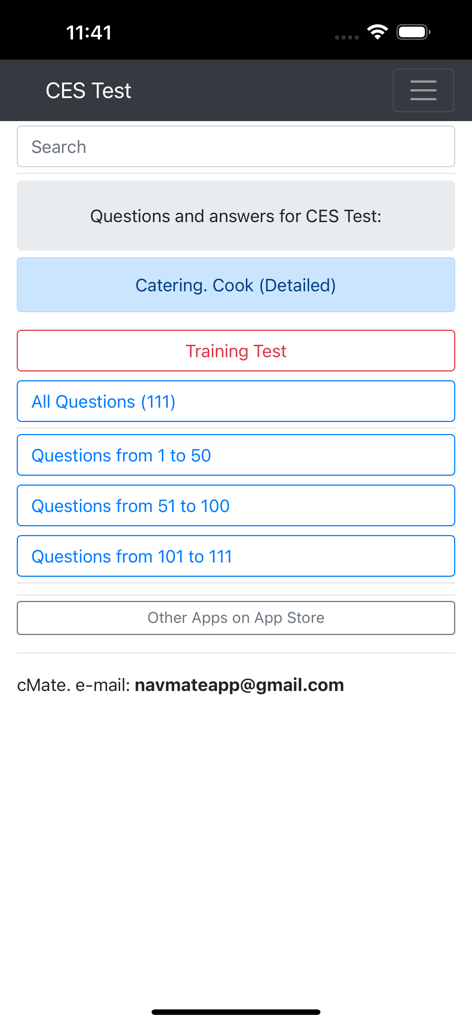 Catering. Cook Detailed CES - Hauptbildschirm der Catering Cook Detailed CES App mit Optionen für Trainingstests und Lernfragen