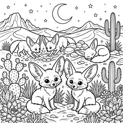 Step into the magical world of the desert at night with these adorable Fennec Foxes. This intricate coloring page captures a charming scene of playful and resting foxes amidst desert flora under a crescent moon.