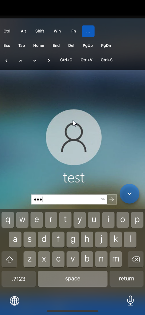 RustDesk Remote Desktop - RustDesk mobile app showing a remote computer login screen with a virtual keyboard and desktop shortcuts