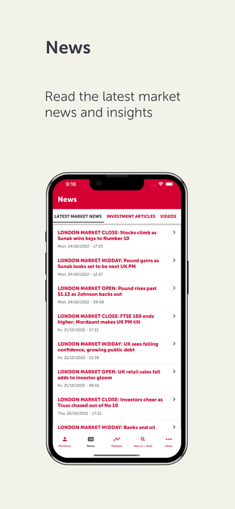 AJ Bell - AJ Bell app interface showing latest financial market news and investment articles