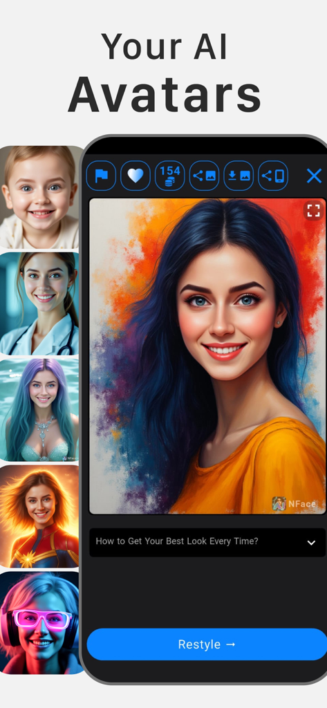Photo Face Swap AI Editor App - Mobile app interface displaying creative AI generated avatars and a stylized female portrait with a restyle button