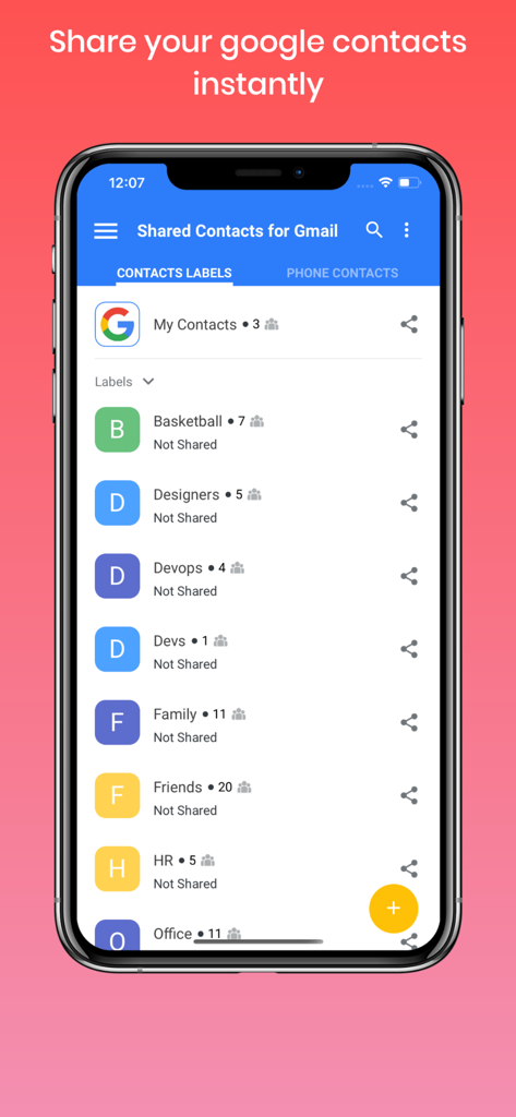 Shared Contacts for Gmail® - A smartphone screen displaying the Shared Contacts for Gmail app with various contact labels like Designers and Devops