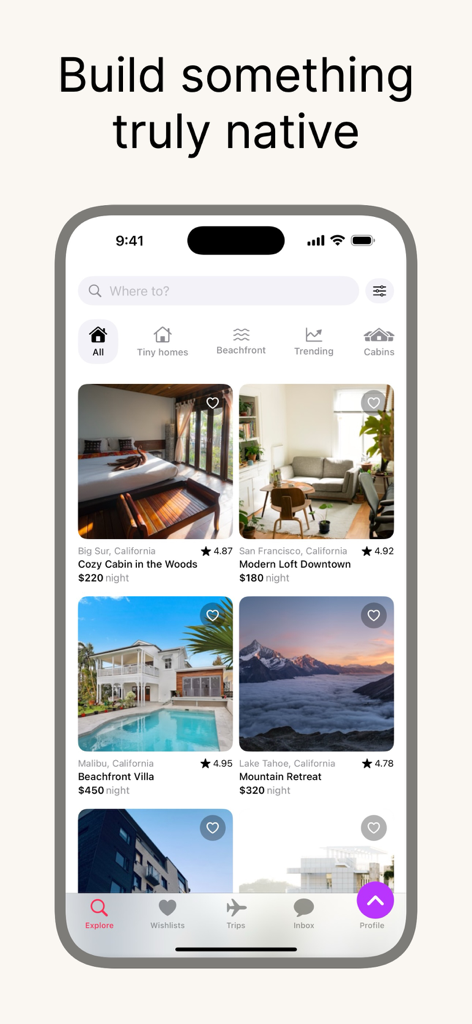 bitrig - Interfaz de una app nativa de iOS para alquiler de vacaciones creada con Bitrig, mostrando listados de propiedades y categorías.