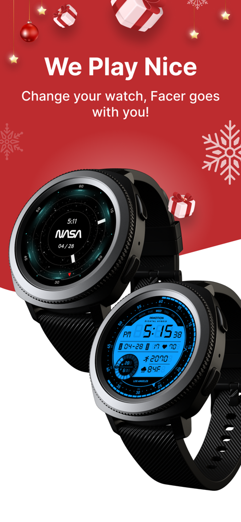 Two smartwatches displaying NASA and digital custom watch faces against a red festive background