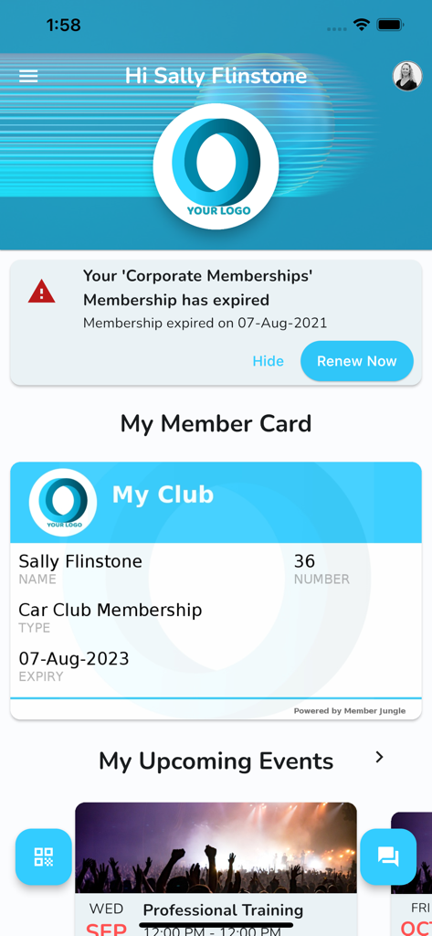 Member Jungle App-Dashboard mit einer digitalen Mitgliedskarte und einer Benachrichtigung zur Mitgliedschaftsverlängerung