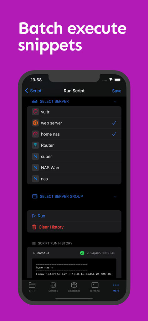 NeoServer: SSH Client|Terminal - NeoServer interface showing batch script execution on multiple selected servers