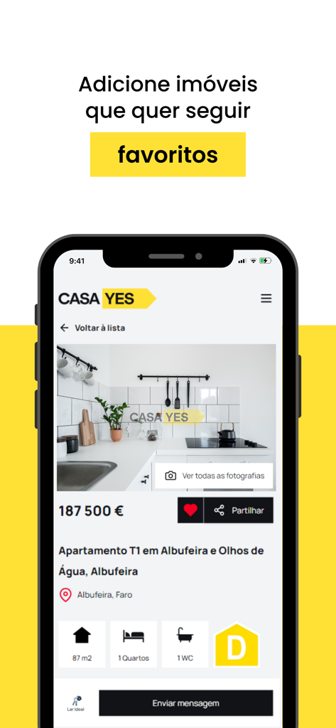 Schermata mobile dell'app Portal Casa Yes che mostra un'inserzione immobiliare ad Albufeira con l'opzione di aggiungerla ai preferiti