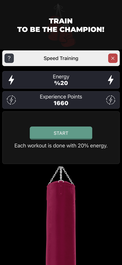 Superstar: Real Boxing Manager - Speed training interface in Superstar Real Boxing Manager showing energy and experience stats with a punching bag
