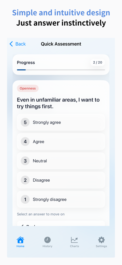 BIG5性格診断アプリのクイック評価画面。開放性に関するリッカート尺度式の質問が表示されています。