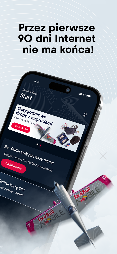 Red Bull MOBILE app screen advertising 90 days of unlimited internet and weekly rewards.