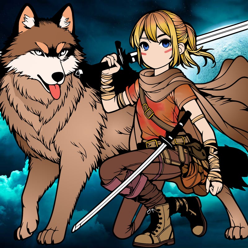 a girl with a sword and a wolf realistic