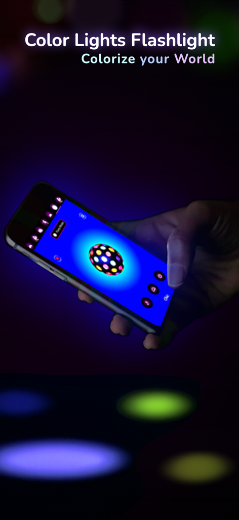 Color Lights Flashing - A hand holding a smartphone displaying a vibrant disco ball effect from the Color Lights Flashlight app