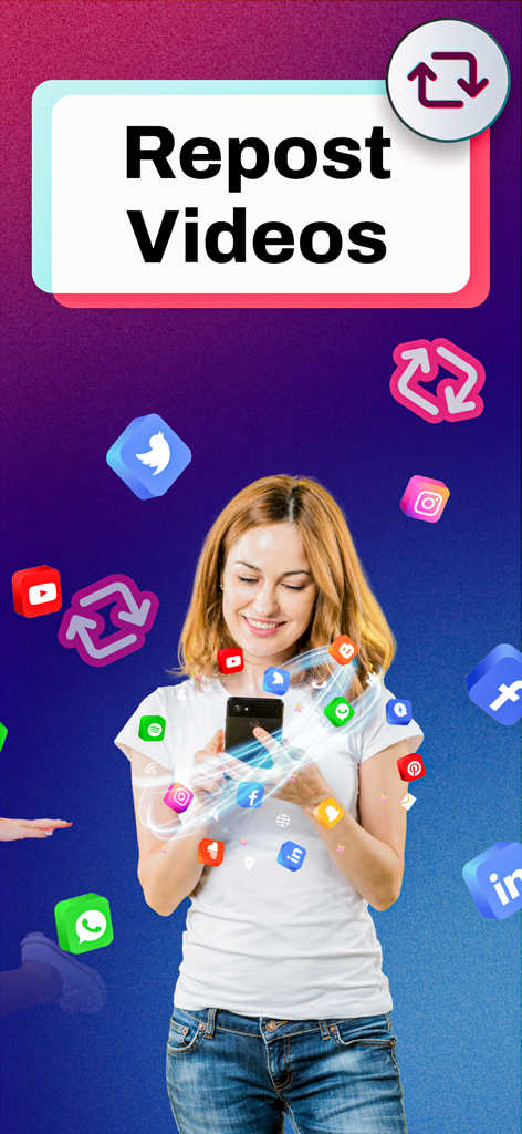 Une femme utilisant une application sur son smartphone pour republier des vidéos sur différentes plateformes de médias sociaux avec diverses icônes flottant autour d'elle.