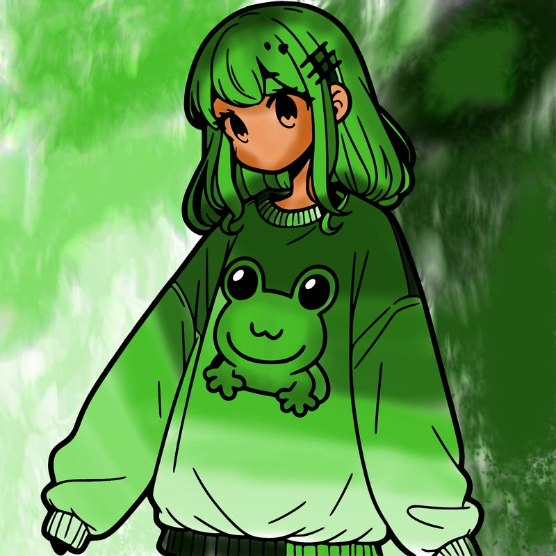 girl wearing frogging sweatshirt