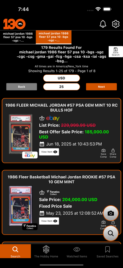 130 Point app interface showing search results and sale prices for a Michael Jordan rookie card.