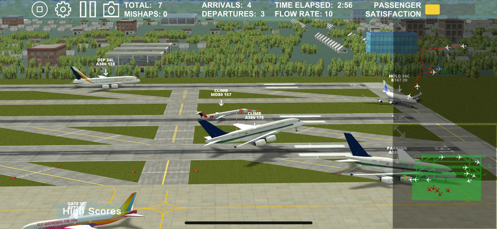 Air traffic control simulation interface showing multiple planes on runways and a radar display