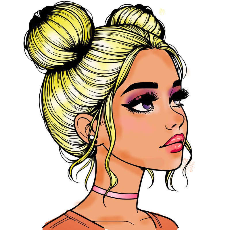 realistic girl with buns on the top of her head