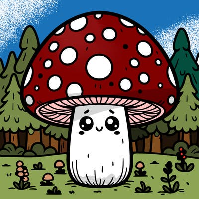 detailed amanita mushroom with face in detailed forest