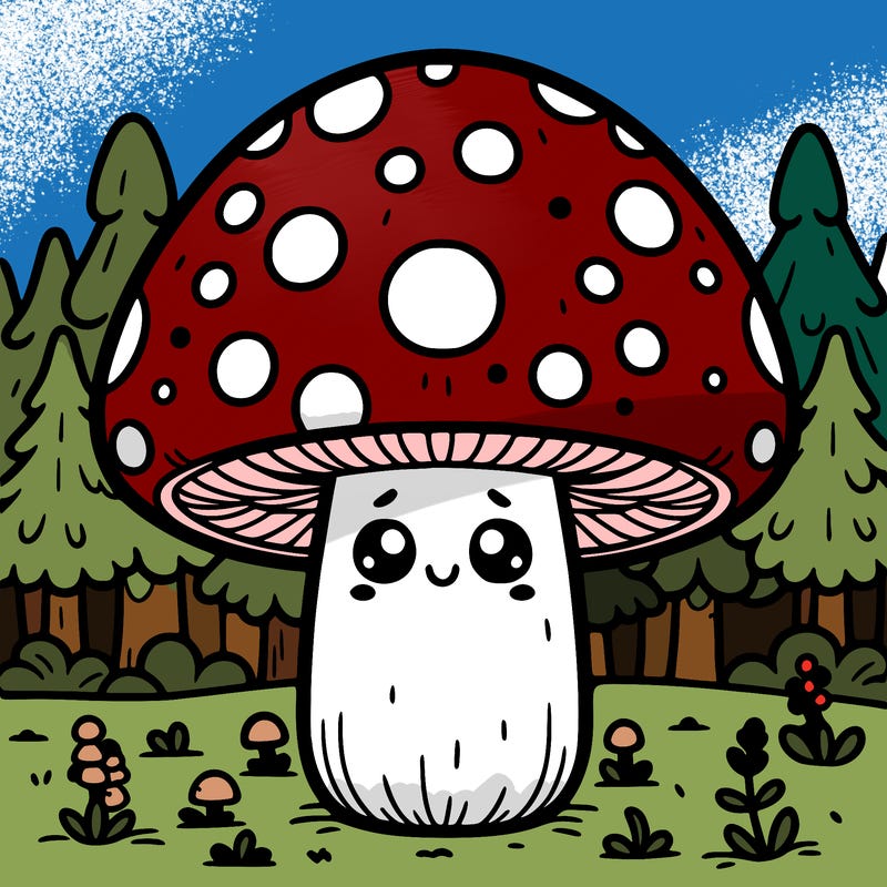 detailed amanita mushroom with face in detailed forest