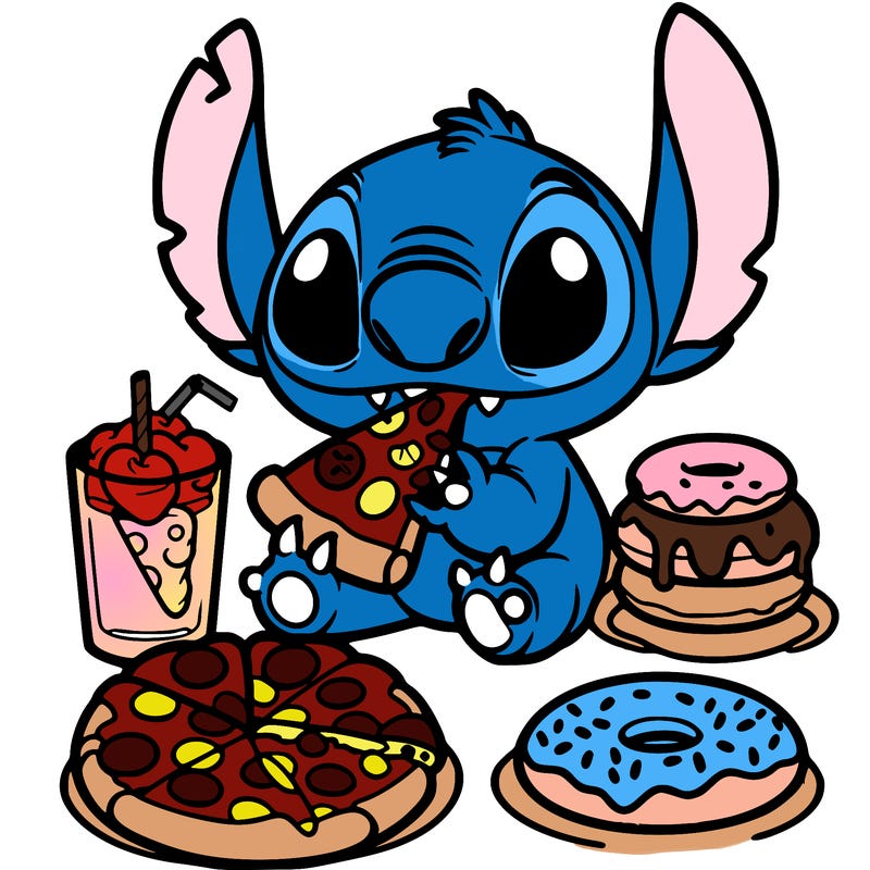 stich eating pizza and donuts