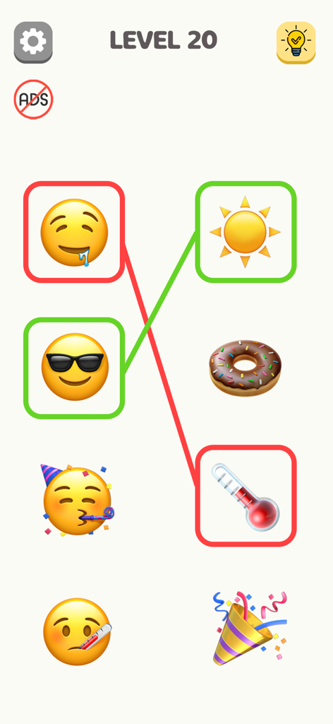 Emoji Puzzle - Fun Emoji Game - A mobile screen showing level 20 of Emoji Puzzle where players match related emojis with colored lines.
